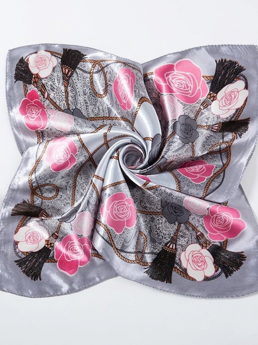2/$30 Elegant Floral Silk-Feel Square Scarf Pink Roses & Tassels 50x50cm NWT